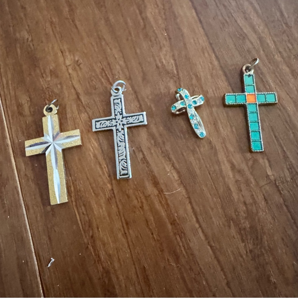Vintage Cross SET Gold Silver Metal Turquoise Blue Christian Pendant Necklace - Picture 7 of 8